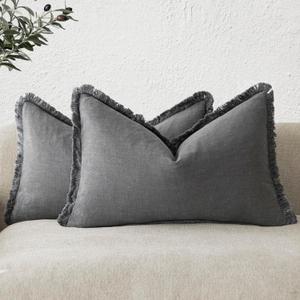 Foindtower Set of 2 Decorative Linen Fringe Throw Pillow Covers Boho Farmhouse Cushion Cover with Tassels Lumbar Accent Pillowcase for Couch Bed Sofa Living Room Home Bedroom Decor,1224 Inch,Gray (Grey)