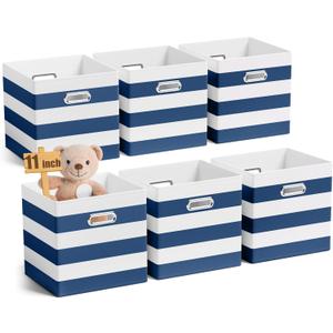 6 Pcs 11 Inch Fabric Storage Cubes with Metal Handle Back to School Classroom Supplies Navy Blue Striped Style Collapsible Bins Organizer for School Nursery Shelves Clothes Gift