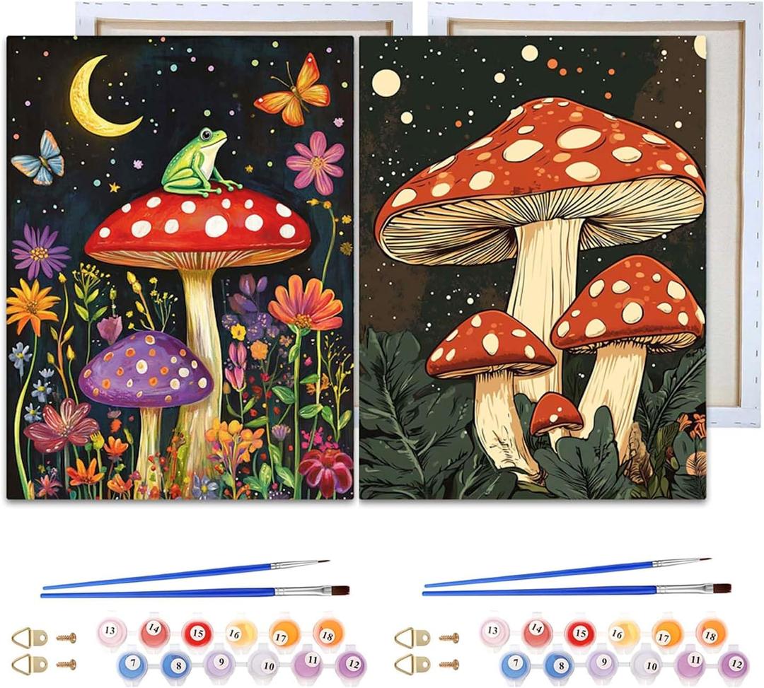 Reofrey Framed Paint by Numbers Kit for Adults & Beginner - 2Pcs 8x12Inch Canvas Mushrooms Paint by Numbers - Night Sky Educational & Creative Art Set for Beginners - Perfect for Home Wall Decoration