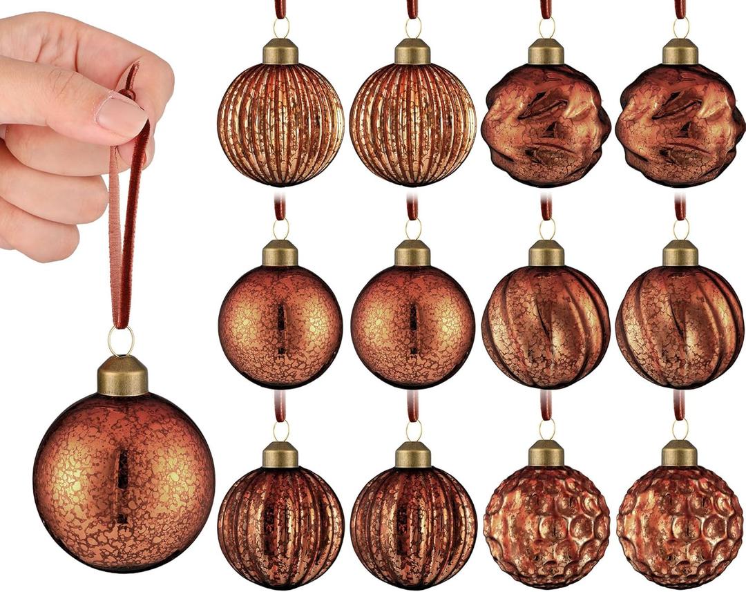 12 Pcs Vintage Mercury Glass Christmas Ball Ornaments 2.36 Inch Antique Embossed Ball Decorations Christmas Tree Hanging Decorations for Xmas Winter Holiday Decor Gifts(Brown)
