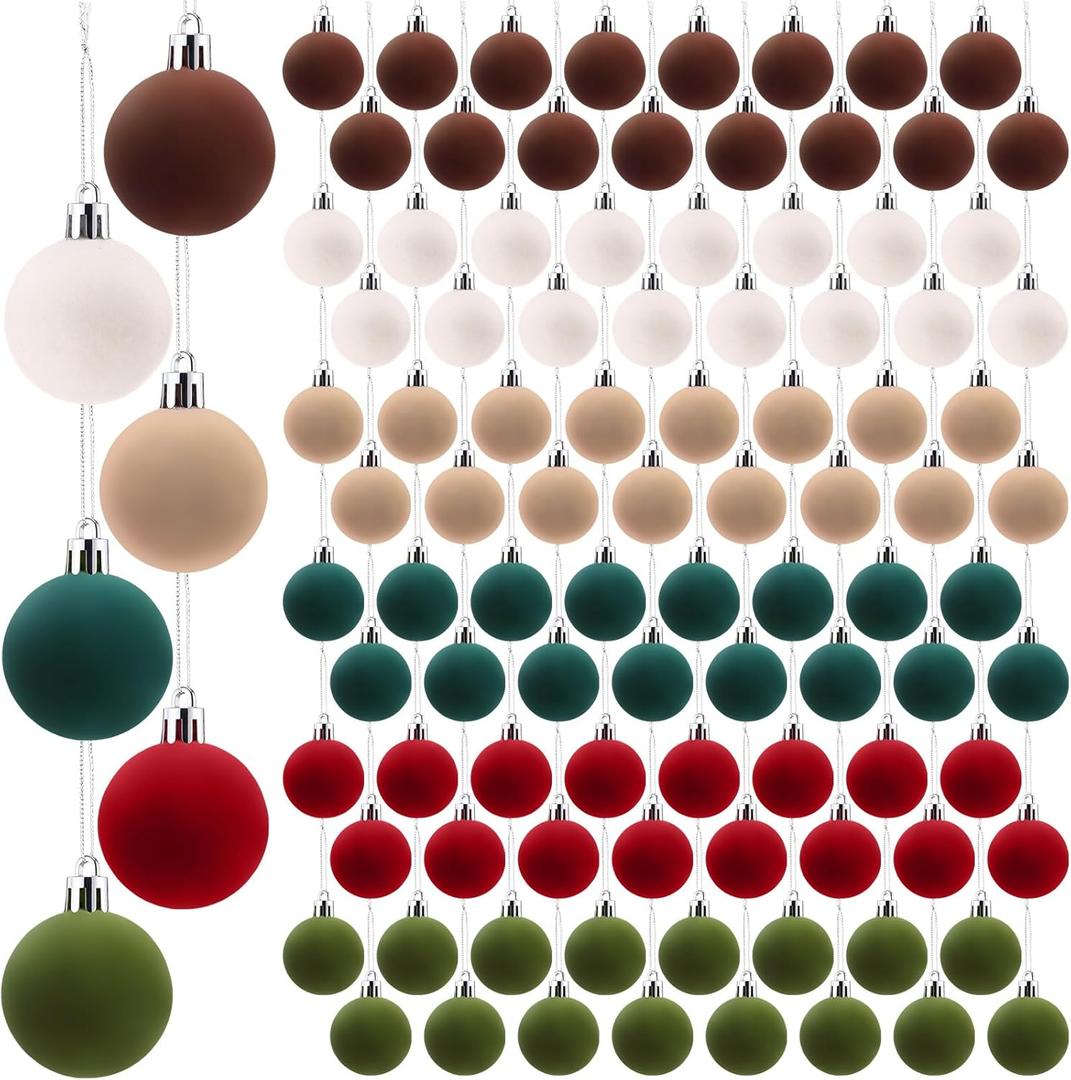 96 Pcs 1.57" Velvet Christmas Balls Bulk, Shatterproof Flocked Christmas Tree Ball Ornaments, Mini Xmas Bulb Ornaments Hanging Decoration(Dark Green, Green, Red, Khaki, Brown, Apricot)