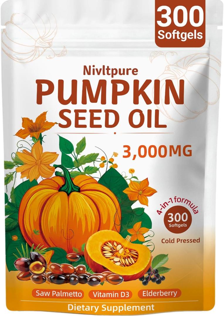 Pumpkin Seed Oil with Saw Palmetto, Vitamin D3 & Elderberry 300 Softgels (3000mg) Pure Virgin Oil 4-in-1 Supplement for Hair Health, Prostate & Urinary Support Non-GMO, Vegan