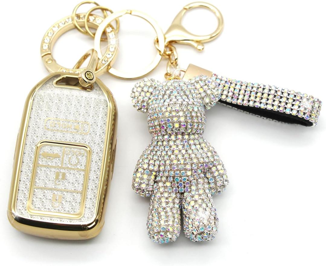 Key Fob Cover with Diamond Keychain, Car Key Shell for Women, Compatible with 2016-2022 Honda Accord Civic Pilot Ridgeline Passport Key Protector (5 Buttons-Silver Bear)