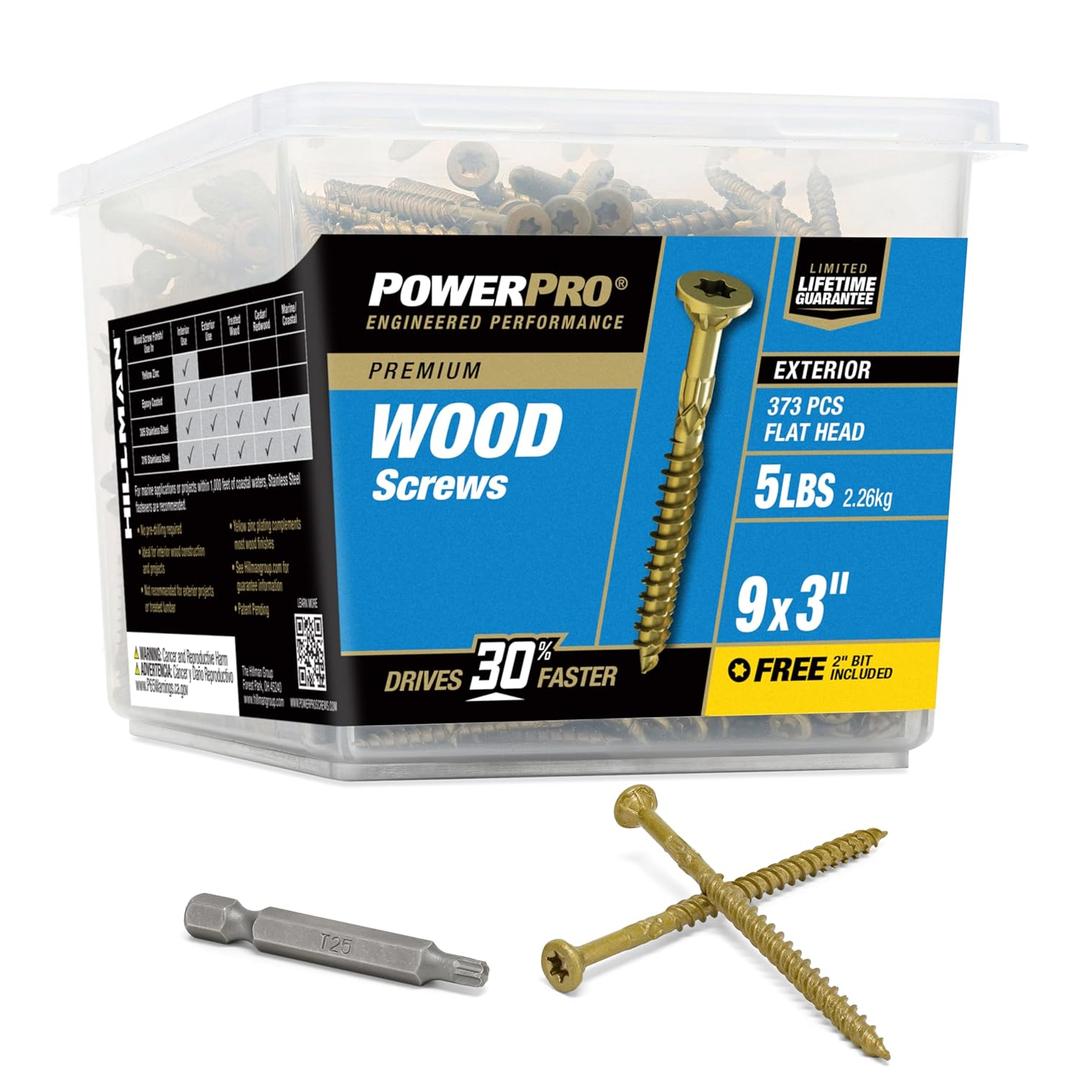 Power Pro Premium Exterior Wood Screws, #9 x 3 Inch All-Purpose Deck Screws for Outdoor Projects, T-25 Star Bit Included, Bronze, 373 Pieces | 48611V4