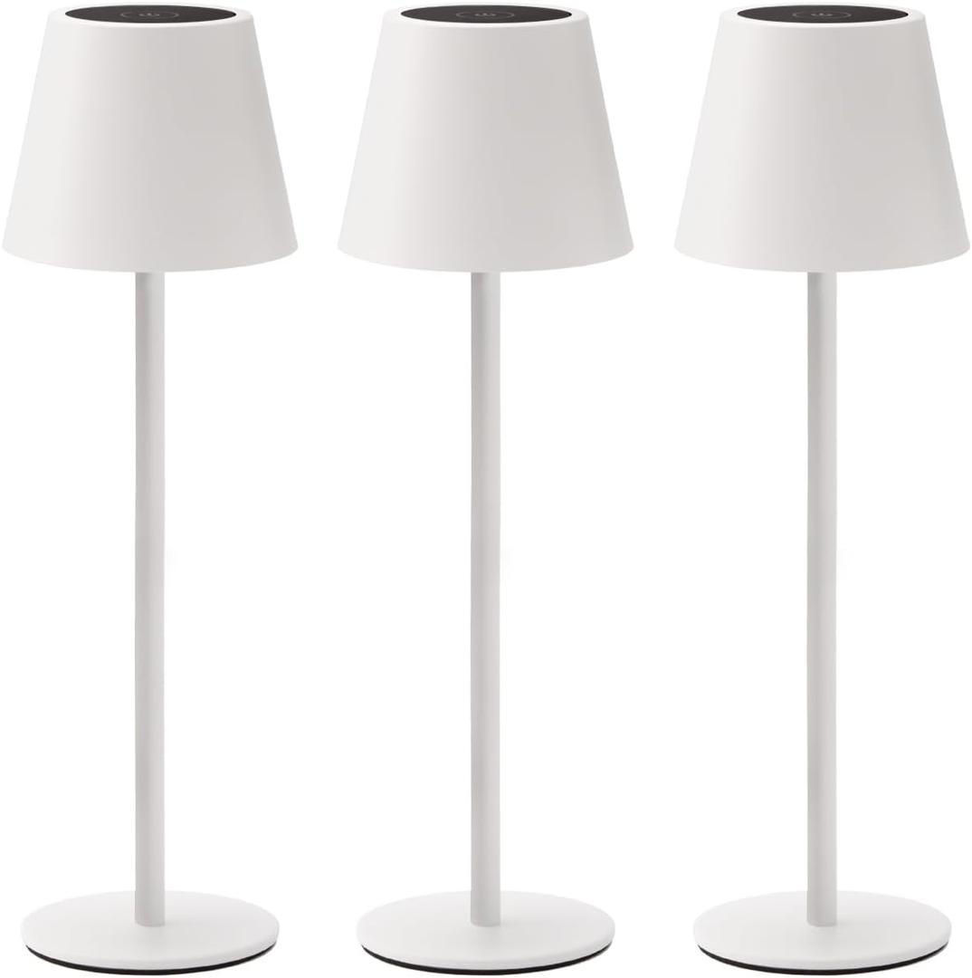 3 Pack Cordless Table Lamp, Portable Battery Operated Lamp with 3 Color Temps and Stepless Dimming, Rechargeable Table Lamp for Dinner, Desk, Cafe, Outdoor (White)
