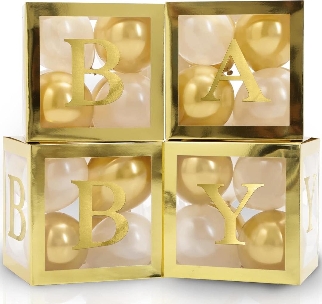 Vellax Baby Boxes with Letters for Baby Shower - Baby Shower Decorations of 44 pcs, 32 Gold White Balloons, 4 Gold Blocks, 8 Letters, Perfect Party Decor (Gold Boxes With Gold & White Balloons)