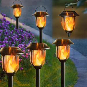 Dynaming Dual Use Solar Flame Lights Outdoor 6 Pack, Solar Flickering Flame Pathway Lights, Hanging Lantern Light, Auto On/Off & Waterproof for Garden Lawn Patio Yard Walkway Deck Driveway