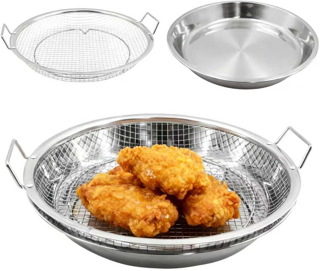 9.8" Kitchen Oil Filter Tray - Stainless Steel Air Fryer Mesh Pan, Draining Basket Accessories for Fried Food, Net Strainer Colander for Barbecue, Grill, Vegetable, Dessert (Silver)