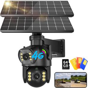 Neye 4G LTE Solar Security Camera 4K with Dual Lens Color Night Vision, Rotating Head, and Two Solar Panels,12000mah Battery,PIR Motion Sensor, 2 Way Talk, Built in SIM Card with 64g sd Card