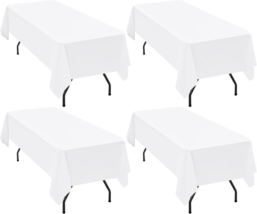 4 Packs White Polyester Tablecloth for 6 Foot Rectangle Tables, 102x116 inch Polyester Fabric Table Cloth,Wrinkle Resistant Washable Table Cover, for Wedding,Birthday,Party,Banquets Decorate
