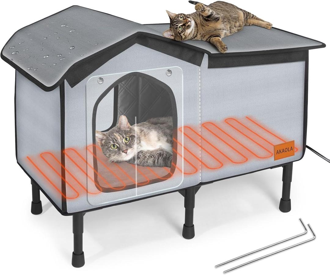 Outdoor Cat House Heated for Outside Winter 100% Waterproof Oxford Tarpaulin with Safe Escape Door and 5" Elevated Base with Heater for Feral Barn Cat Kitty (26x20x14)
