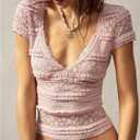 SOLY HUX Womens Lace Short Sleeve Coquette Crop Top Deep V Neck Fitted Casual Tee Shirts Aesthetic Clothes (Pink, S)