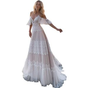 Women's Wedding Dresses Chic Lace Evening Dresses V Neck Ruffle Sleeves Beachy Boho Outdoorsy Wedding Gowns size s