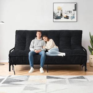 8" Futon Mattress Full Size, Futons Sofa Bed Sleeper Couch Bed, Roll Up Mattress with Shredded Foam & 2 Straps for Storage, Futon Floor Mattress for Living Room, Corduroy (Frame Not Included) (Black)