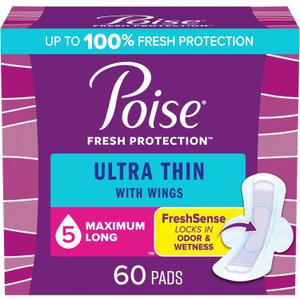 Poise Ultra Thin Incontinence & Postpartum Pads with Wings for Bladder Leaks, 5 Drop Maximum Absorbency, Long Length, 60 Count, Packaging May Vary