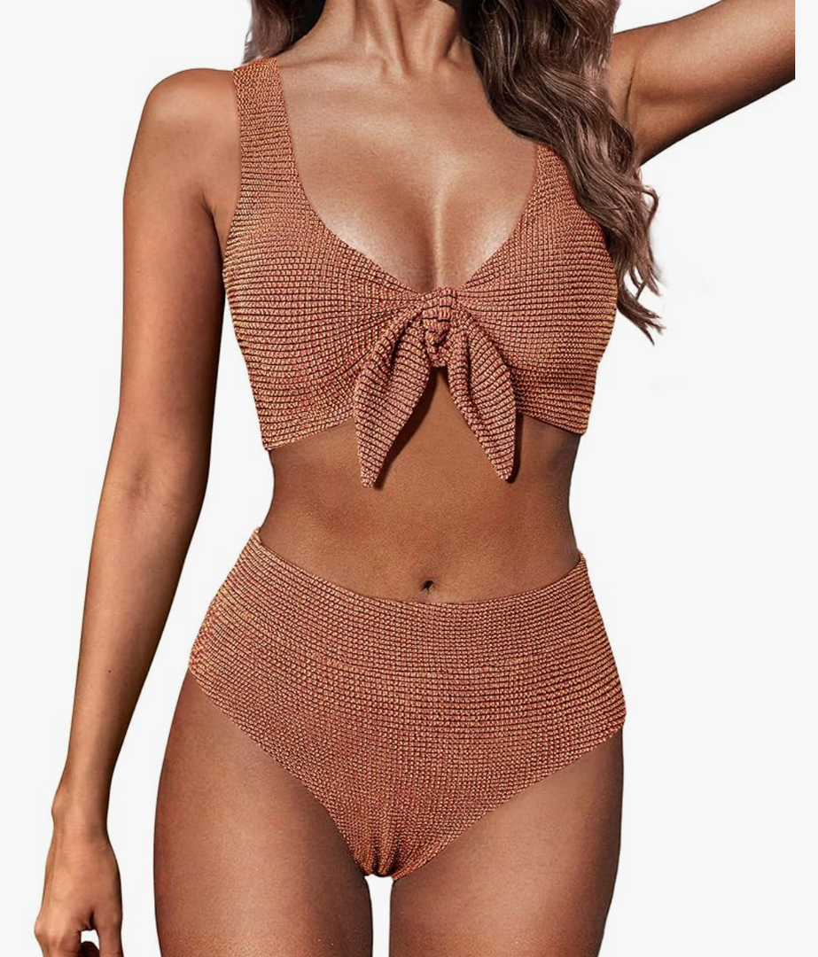 Hanna Nikole Women High Waisted Bikini Sets, Two Piece Swimsuit Tummy Control, Textured Bathing Suits, Tie Knot Swimwear M