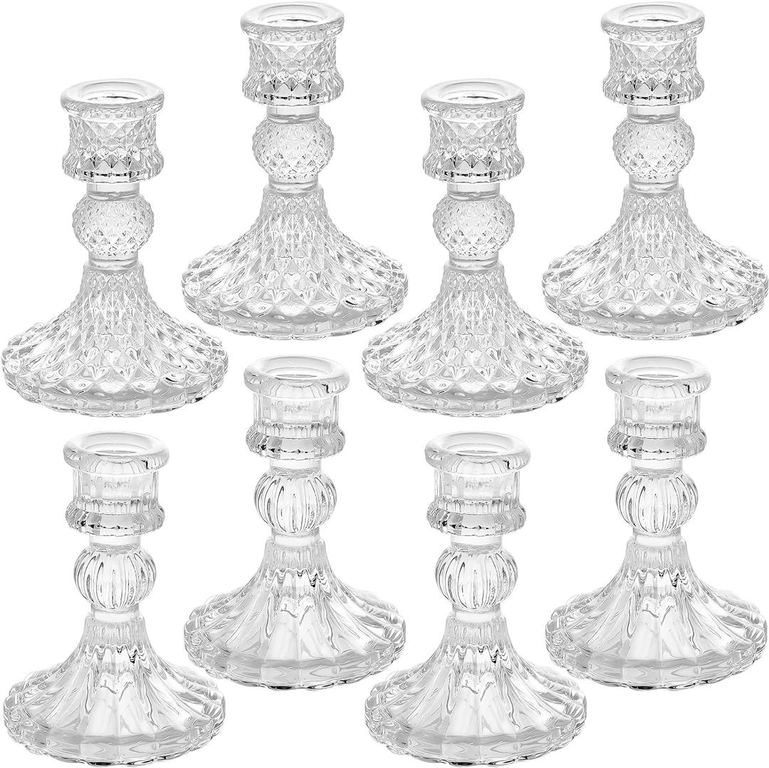 Clear Glass Candlestick Holders,8 pcs Set Include Taper Candle Holders and Stripe Candle Holders,Two Style for Formal Events, Wedding, Festival,Church, Party & Festival Decoration (Small)