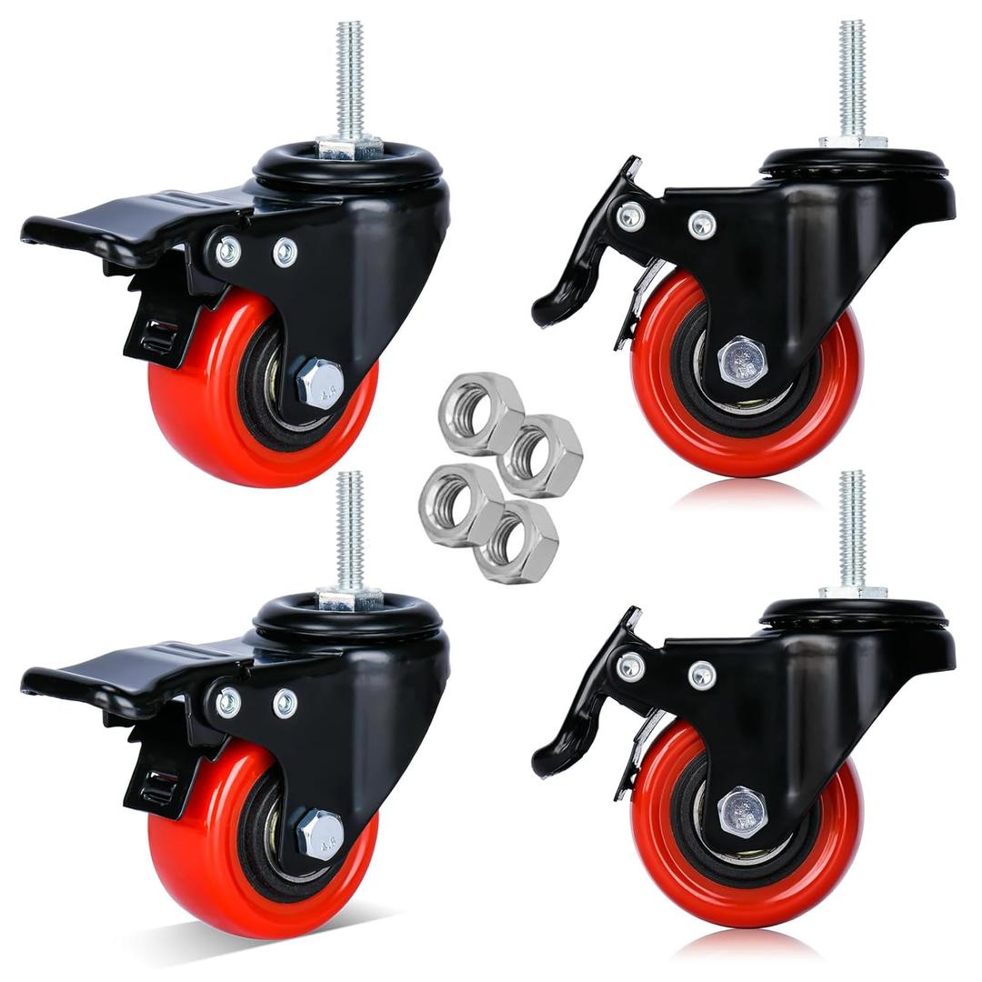 2 Inch Heavy Duty Stem Casters Swivel Wheels with Brake 1/4''-20x1'' (Stem Diameter 1/4", Stem Length 1") Set of 4 with Locking Threaded Stem Caster Wheels Load 600lbs