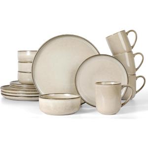 LIANYU Dinnerware Dish Set for 4, 16 Piece Ceramic Dinner Tableware Dishware, Stoneware Plates and Bowls Set for Home Restaurant, Microwave & Dishwasher Safe, Sandy Beige