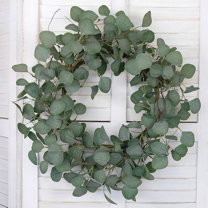 idyllic Eucalyptus Leaves Wreath Metal Polyester Fabric Paper Round Green Wreath 22 Inches for The Front Door Decor