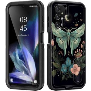 for Galaxy A14 5G Case with Built in Kickstand,Shockproof/Dustproof/Drop Proof 3-Layer Military Grade Protective Cover for Samsung Galaxy A14 5G 6.6 inch,Butterfly Moon Flower