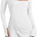 Oumrdeo Women’s Ruched Bodycon Dress Sexy Long Sleeve Square Neck Split Cocktail Party Club Mini Short Tight Dress XL