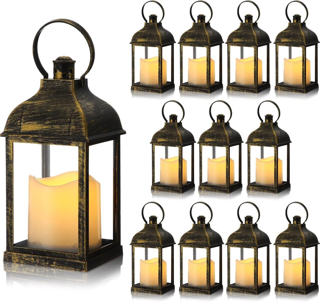 12 Set 10 Inch Bronze Decorative Candle Lanterns Bulk Lanterns Centerpiece with LED Flameless Candle Indoor Outdoor Battery Powered Hanging Lights for Wedding Mother Day Party Decoration