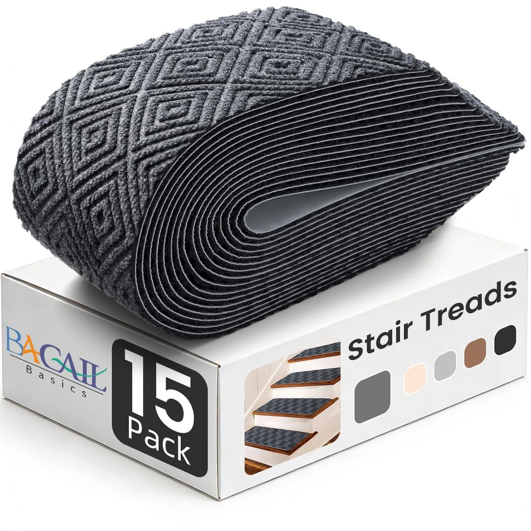BAGAIL 15 Pack Non-Slip Stair Treads for Wooden Steps, 8"x30" Peel and Stick Carpet Stair Runners, Machine Washable Indoor Step Covers with No-Residue Adhesive for Dogs, Kids & Elderly - Dark Gray