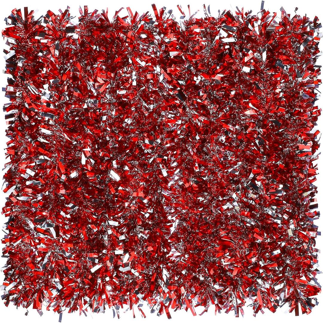 Dingion 59 Feet Christmas Tinsel Garland Metallic Twist Ornaments Hanging Glitter Xmas Garland for Christmas Tree Indoor Outdoor Decoration Party Supplies (Silver, Red)