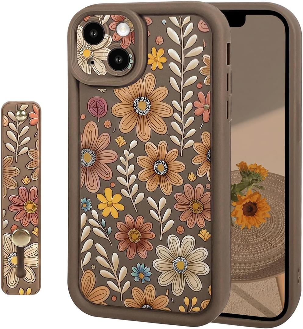 Lovmooful Compatible for iPhone 15 Case Cute Aesthetic Color Flower Floral Leaf with Wrist Strap Design for Girls Women Soft TPU Shockproof More Protective Girly for iPhone 15 Case-Brown