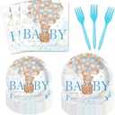 Fitumiw 96Pcs Blue Bear Baby Shower Party Tableware Supplies Bear Plates and Napkins We Can Bearly Wait Party Set Baby Shower Decorations for Boy Serve 24 Guests