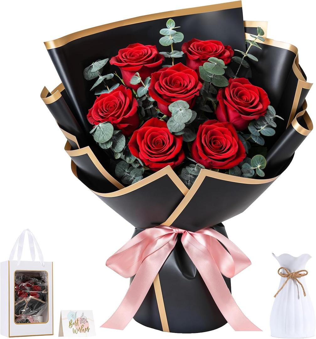 Lewondr Flower for Delivery, Preserved Flowers Bouquet, Red Roses Bouquet, Real Long-Lasting Forever Birthday Flowers Gifts for Her Wife Girlfriend Valentines Day Anniversary Mothers Day, Black-Red