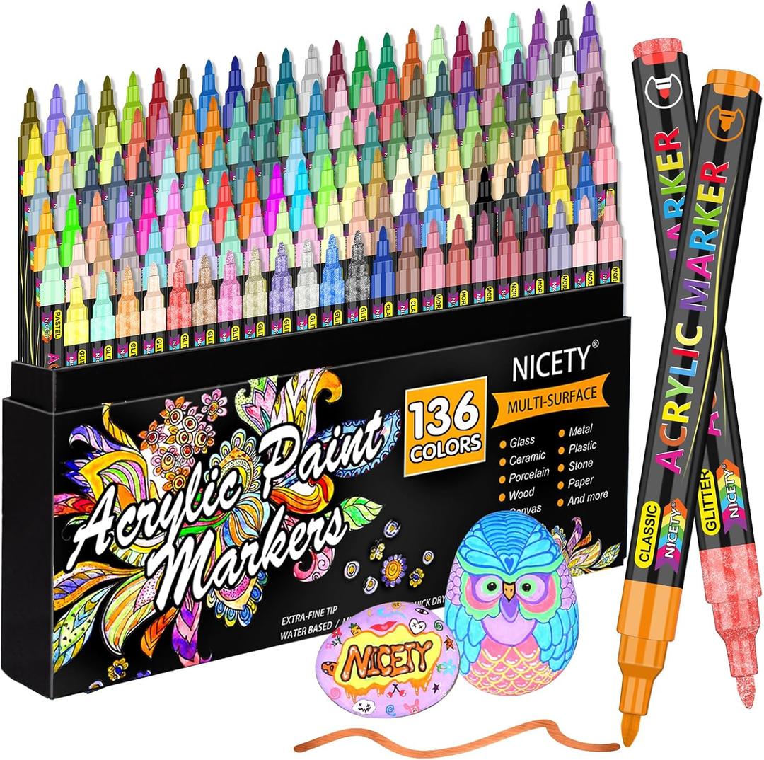 NICETY 136 Colors Acrylic Paint Markers, Extra Fine Tip Point Acrylic Paint Pens for Rock Painting, Canvas, Wood, Ceramic, Glass, Stone, Fabric, Crafts & Art Supplies