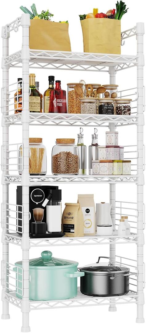 FUTASSI Metal Storage Rack, Storage Organizer Shelves for Kitchen, Bathroom, Living Room, Balcony and Garage, 5 Tiers Narrow Bookshelf, 21.2" W x 9.4" D x 59.2" H, Load 400lbs, White