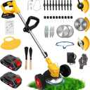 24V Electric Weed Wacker Cordless Grass Trimmer with 2x2000mAh Batteries & Fast Charger, 3 in 1 Stringless Lightweight Brush Cutter/Edger/Mower with 3 Types Blade & Wheels for Garden and Yard Lawn (Yellow)
