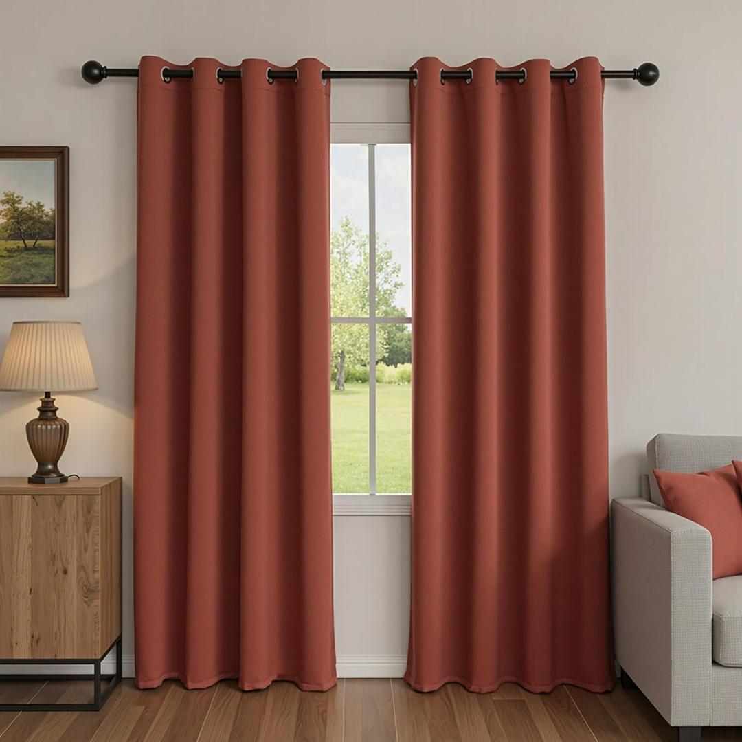 MYSKY HOME Boho Blackout Curtains for Bedroom 84 Inch Long Brick Red Curtains for Living Room Grommet Terracotta Window Drapes Privacy Protect Room Darkening Single Panel Curtain, 52 x 84 Inch