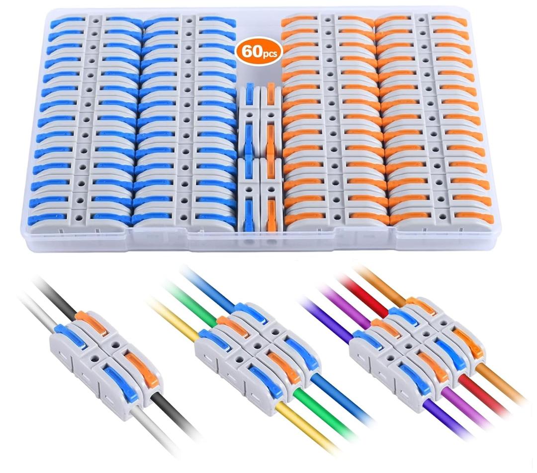 Lever Wire Connectors, HTCELLE 60-Piece Quick Connect Electrical Splicing Kit for Compact Inline Terminals - 28-12 AWG, 1 in 1 Out (Multicolored, 60)