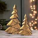 RM ROOMERS Christmas Tree Figurines Wooden, Set of 2 Gold Christmas Tree Vintage Tabletop Xmas Statues, Antique Decorative Xmas Trees for Desk, Mantel, Entryway, Rustic Holiday Centerpieces