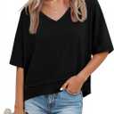 Womens Short Sleeve Shirts Summer V Neck Casual Top Flowy Cute Loose Fit Basic Tees (Black, XL)
