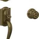 Schlage F60 V CAM 609 GEO Camelot Front Entry Handleset with Georgian Knob, Deadbolt Keyed 1 Side, Antique Brass