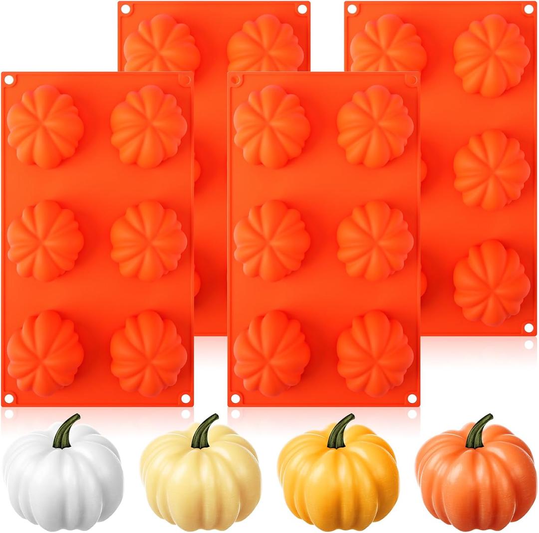 4 Pcs Pumpkin Silicone Molds for Candles 3D Pumpkin Cake Pop Baking Dessert Mousse Mold Tray 6 Cavity Silicone Candle Molds for Baking Jelly Chocolate Soap Resin Crafts(Orange)
