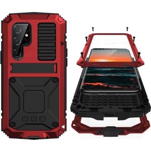Compatible with Samsung S22 Ultra Metal Case with Screen Protector Camera Protector Military Rugged Heavy Duty Shockproof Case with Stand Full Cover Tough case for Samsung S22 Ultra (Red)