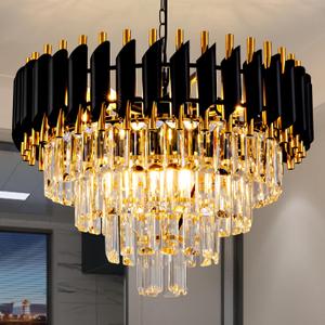 Modern Chandelier Gold and Black Crystal Chandeliers 4-Tier 20 Inch Round Hanging Crystal Pendant 7 Lights Fixture for Dining Room Bedroom Living Room Farmhouse, Clear