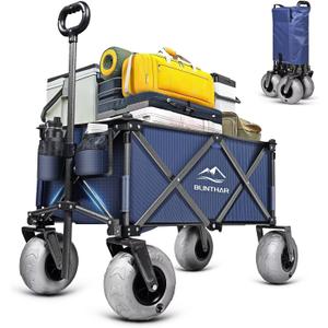 Beach Wagon with Big Wheels for Sand, Heavy Duty Collapsible Folding Wagon with All-Terrain 9" Pneumatic Tires & Drink Holders, Utility Wagon for Garden Sports Camping Outdoor Activities (Navy Blue)