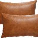 12X20 Inch Brown Faux Leather Throw Pillow Covers Set of 2 Modern Farmhouse Solid Outdoor Lumbar Boho Cognac Pillow Covers for Room Couch Living Bedroom Bed Sofa Decorative