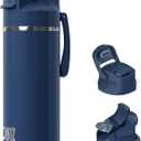 OISIZ Insulated Water Bottle 20 oz with 2 in 1 Spout and Straw Lid,One Click Safety Lock,100% Leakproof,Keep Cold 24H,Vacuum Stainless Steel Water Bottle for School,Travel and Sports,Dishwasher Safe (Navy Blue)