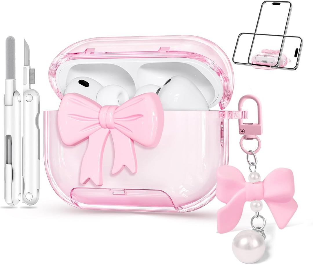 for Airpods Pro 3 Case Pink 2025 with Safety Lock & Phone Stand, 3D Bow Clear iPod Pro 3 Cases with Cute Keychain & Cleaning Kit, Soft TPU Cover for AirPods Pro 3rd Generation Case Girls Women