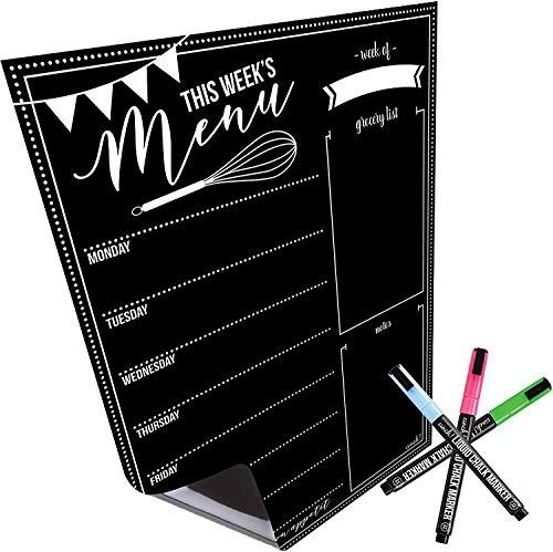 Cinch! 16x12-Inch Chalkboard Weekly Menu - Magnetic Meal Planner Board for Refrigerator - Reusable Black Menu Board with 3 Neon Liquid Chalk Markers - Weekly Food Planner for Kitchen Organization