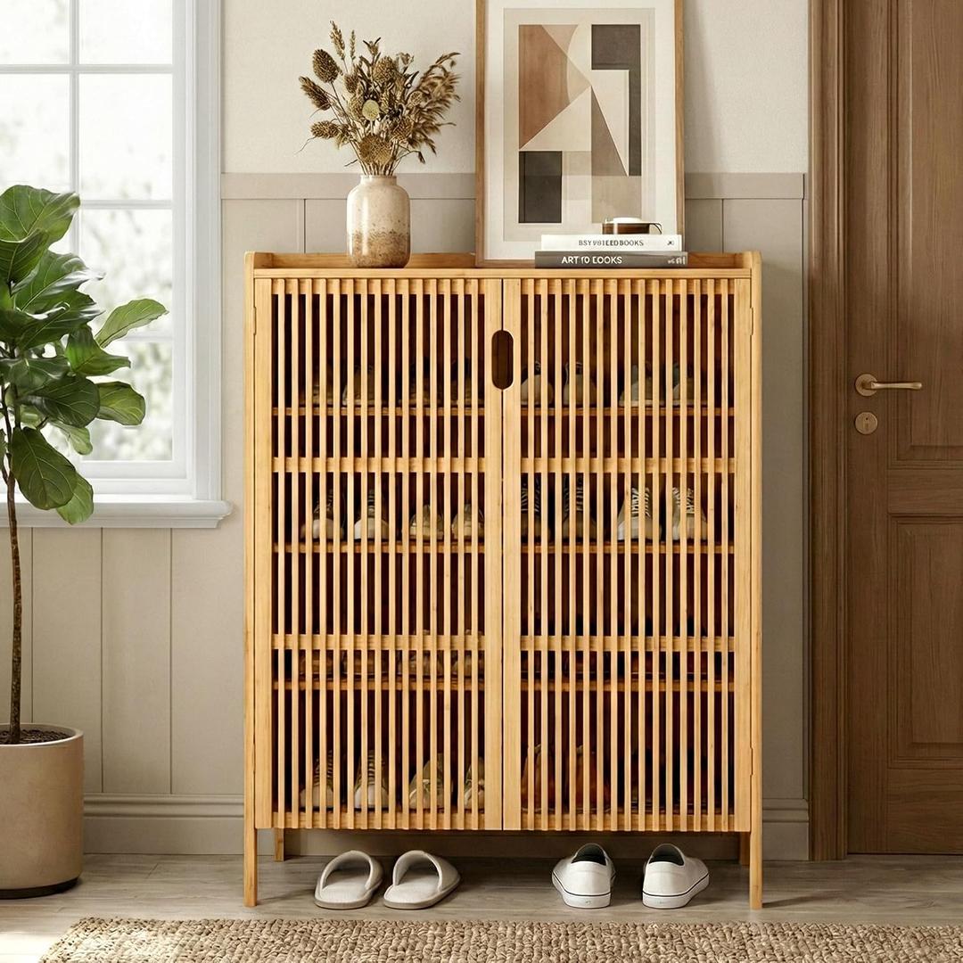 Shoe Cabinet with Doors Bamboo 5 Tiers Shoe Storage Cabinet for Entryway, 25 Pairs Wooden Shoe Cabinets, Modern Shoe Organizer Storage for Living Room, Bedroom, Hallway, Closet Nature