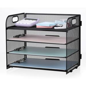 4-Tier Mesh Letter Tray Paper Organizer, Desk File Organizer with Handle - Black